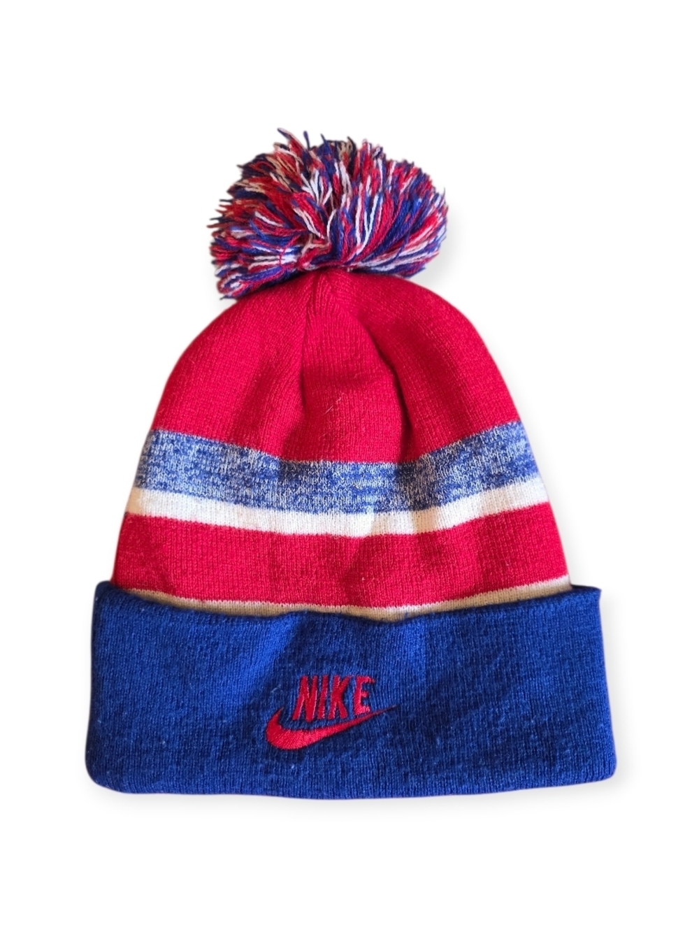 Nike Red, Blue and White Pom-Pom Cuffed Beanie